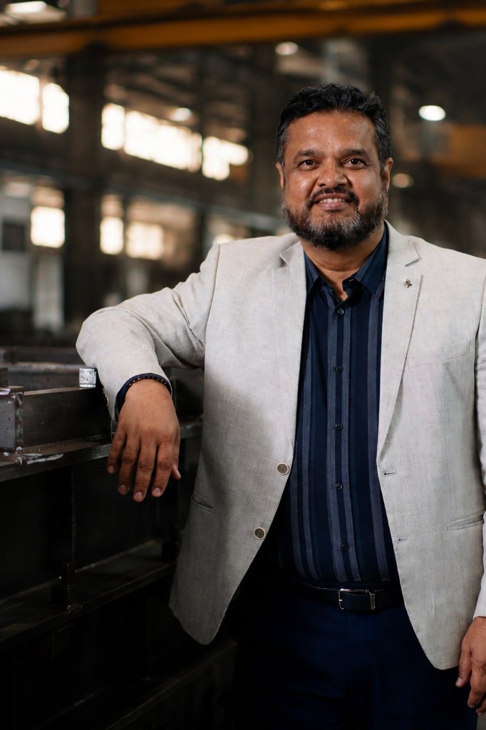Abhay Ranade, Director of Operations and Quality, in a light blazer beside a large fabricated weldment on the plant floor