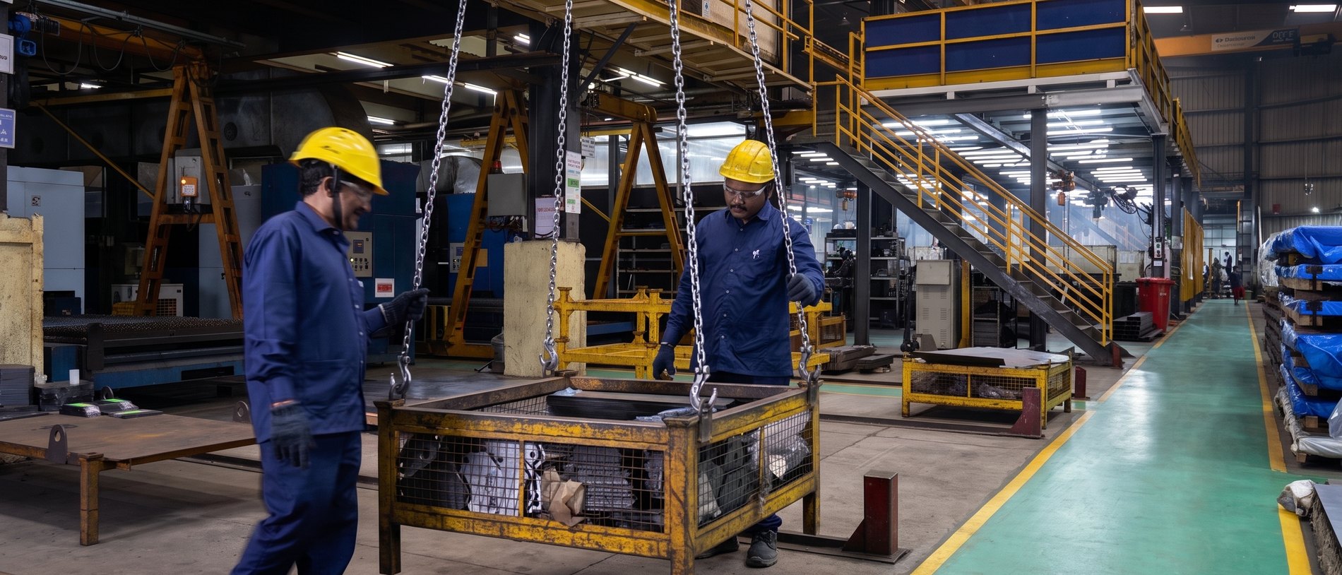 Two Kelkar workers moving a crane-lifted stillage of parts down the plant aisle