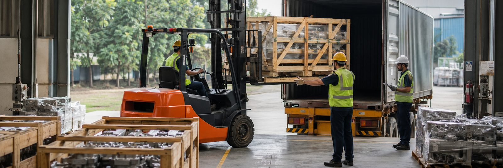 A forklift loading a crated assembly into a shipping container in the yard, with workers in high-visibility vests
