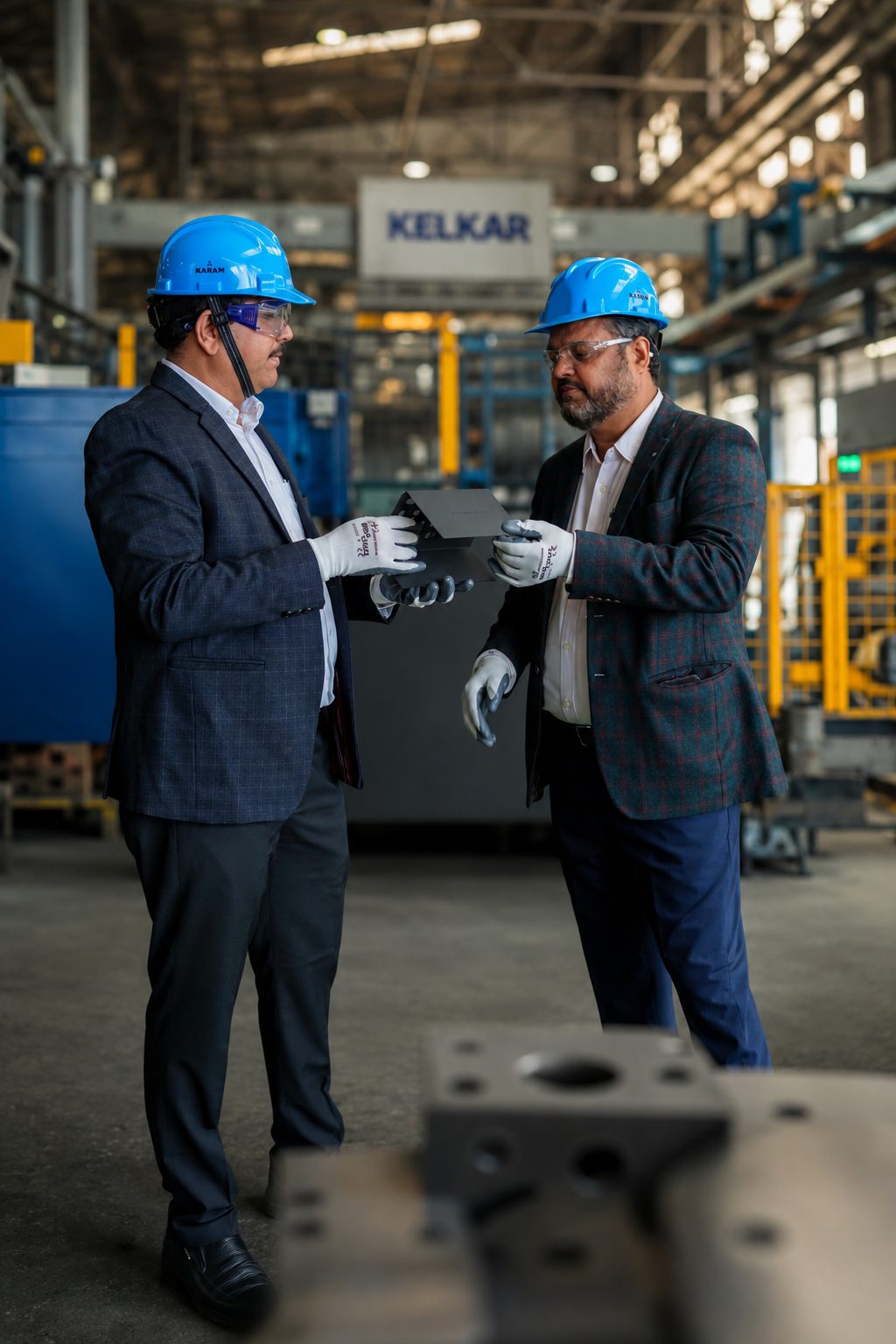 Two colleagues in hard hats and safety glasses examining a finished fabricated part on the plant floor