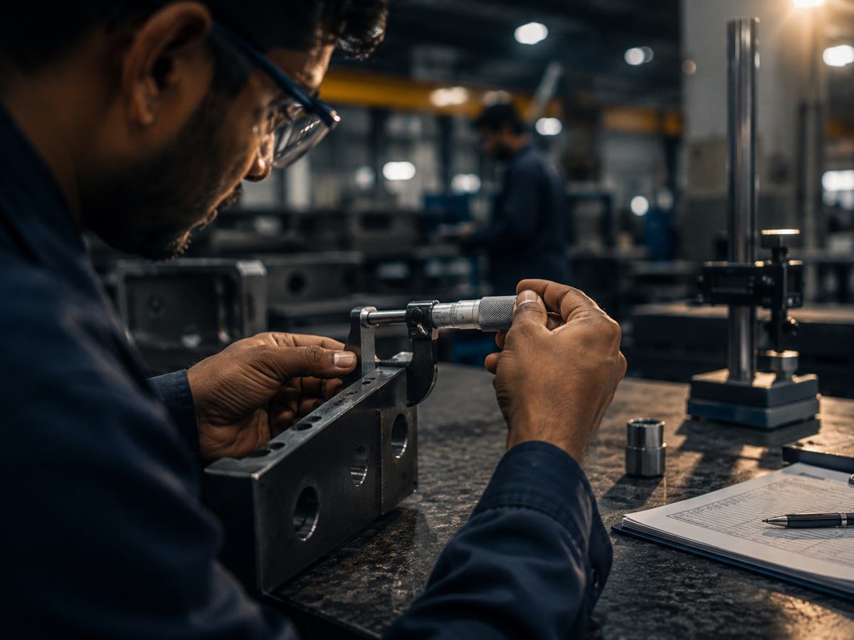 QC inspector measuring a fabricated part with a micrometer